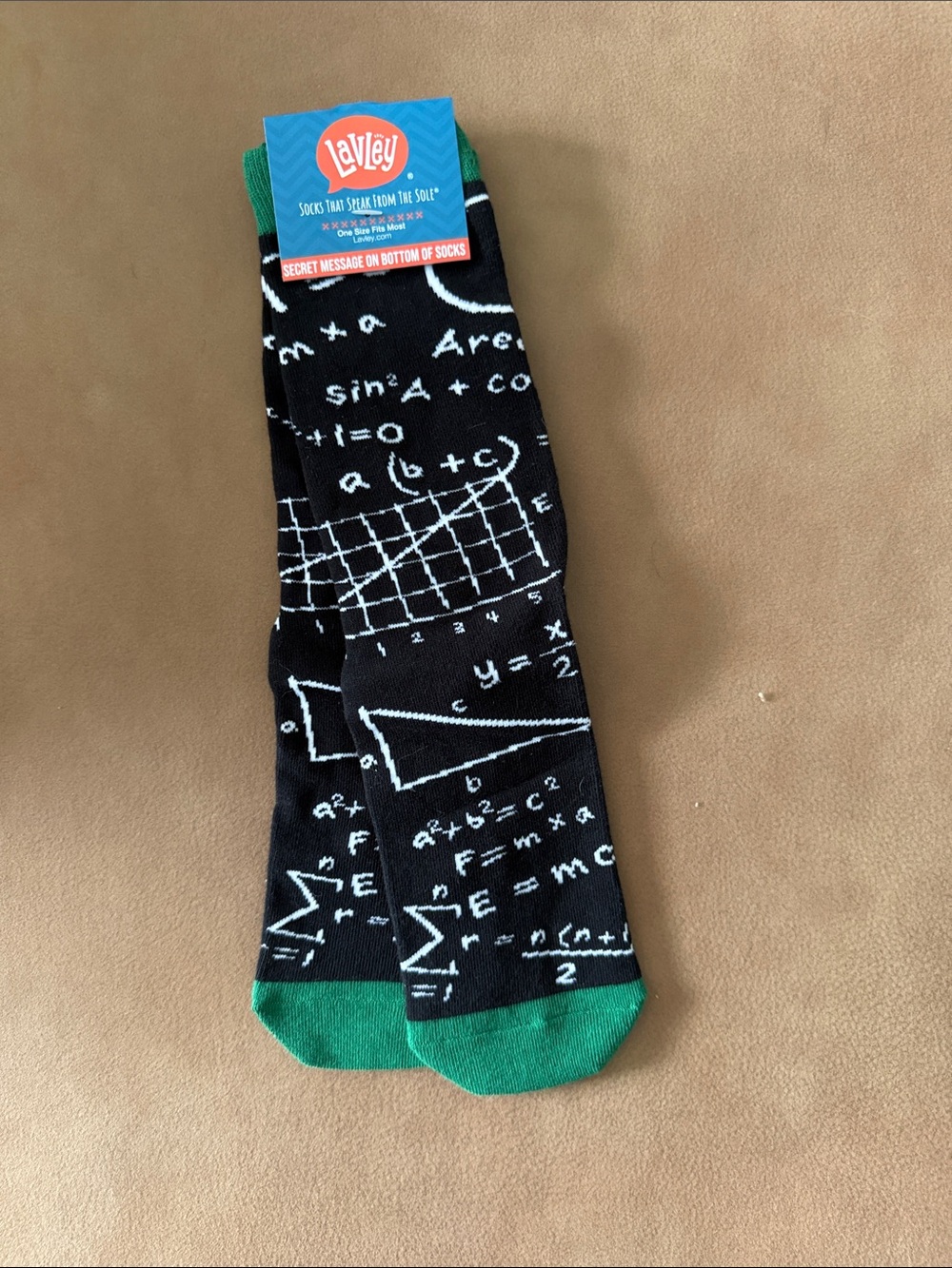 LaVieu Black Math Pattern Crew Socks with Green Accents